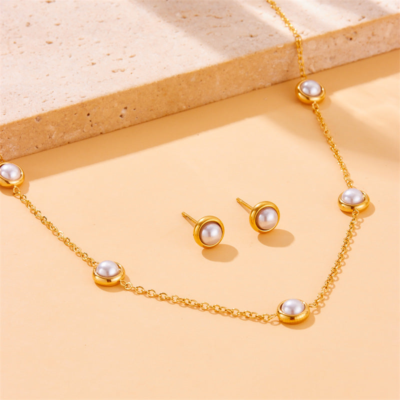 Set collana orecchini bracciale a catena a scatola in acciaio inossidabile con perle rotonde, stile vintage