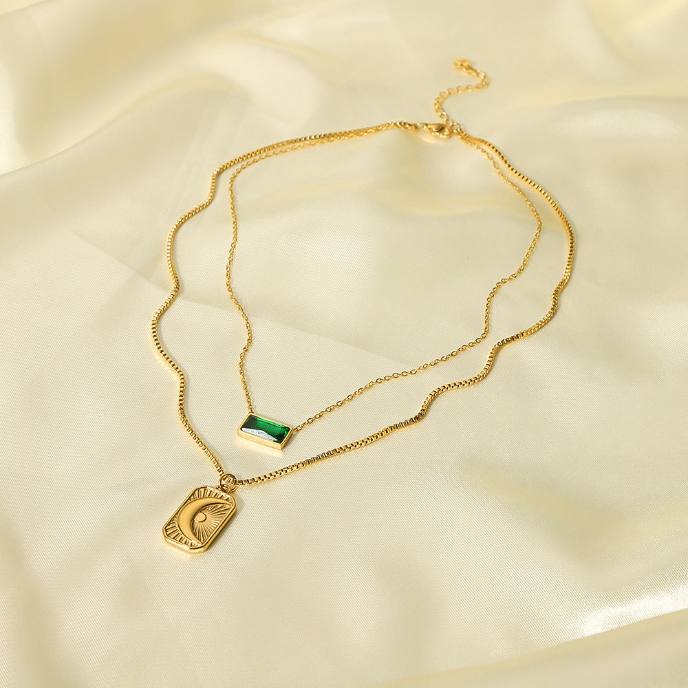 Collana Minimalista con Ciondolo Luna e Sole in Acciaio Inox Geometrico a Doppio Strato con Catena a O per Donna
