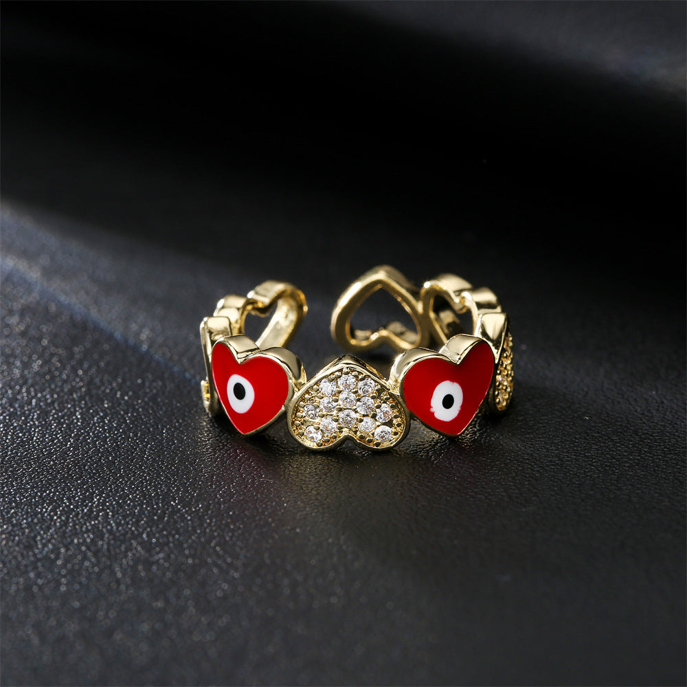 Casual Gold Drip Oil Heart Geometric Brass Ring with Cubic Zirconia for Women