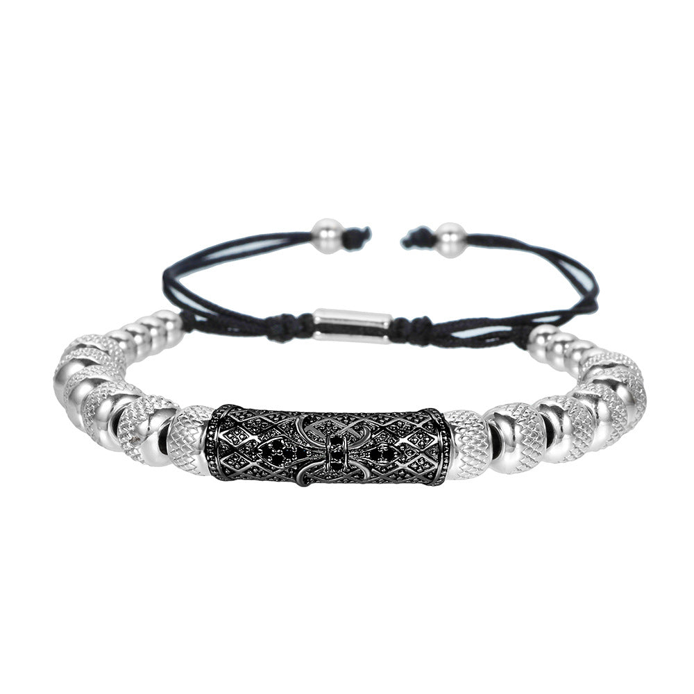 Vintage Adjustable Stainless Steel Geometric Round Bead Cubic Zirconia Curved Tube Bracelet for Men and Women