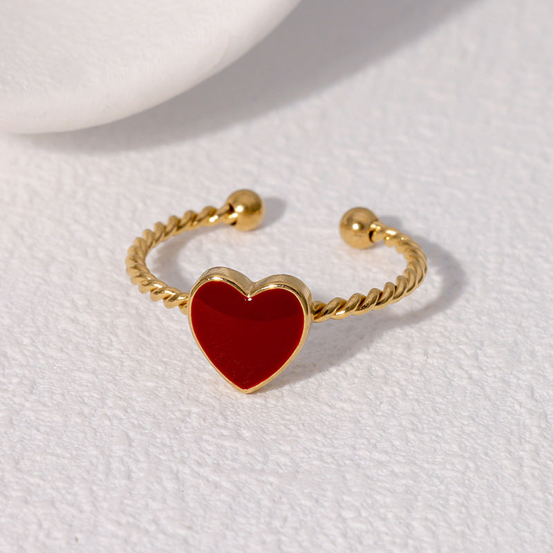 Vintage French-Style Geometric Stainless Steel Adjustable Open Ring for Women with Polished Finish and Heart-Eye Motif