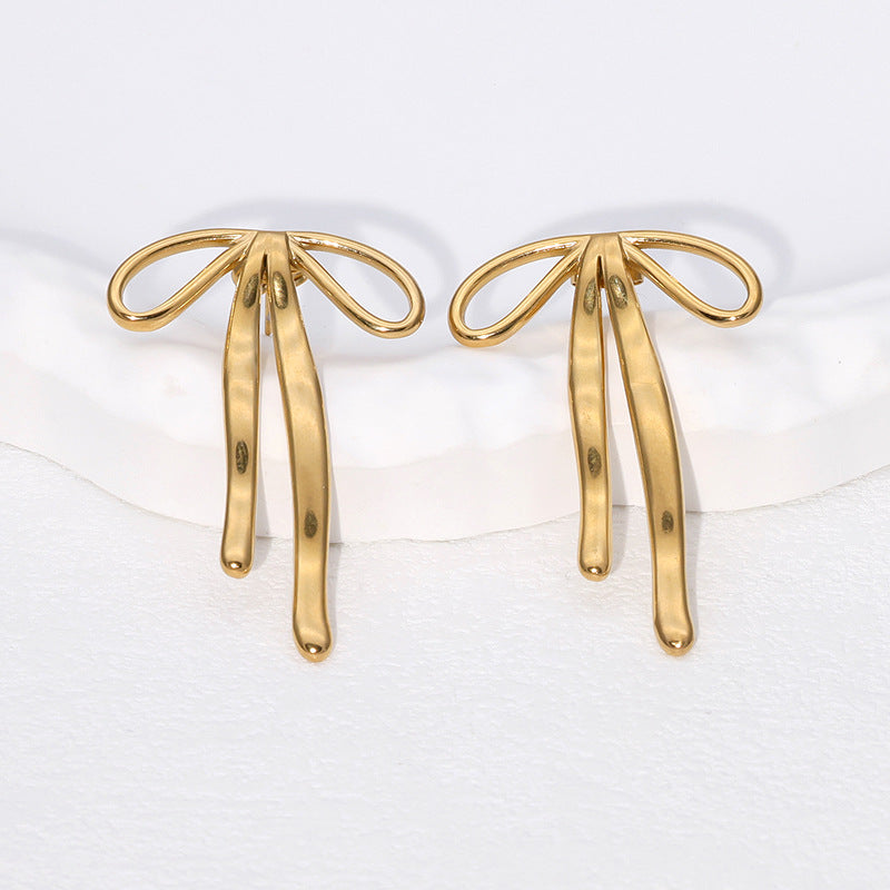 Sweet Bow-Shaped Stainless Steel Earrings with 18K Gold Plating for Women