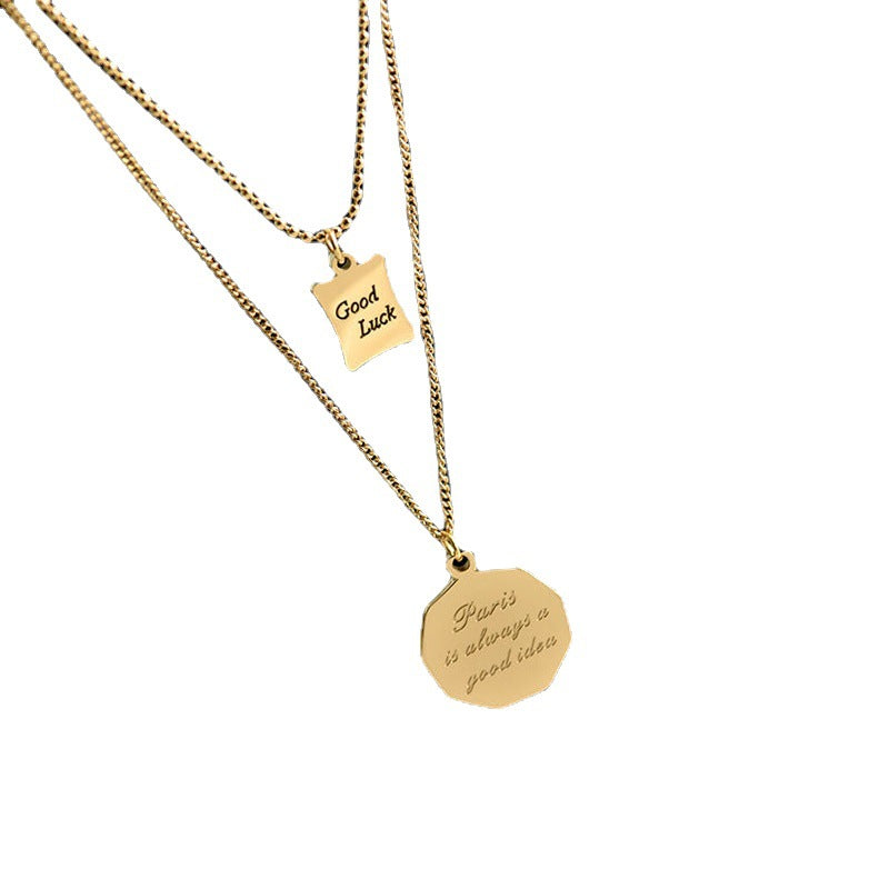 Minimalist Geometric Titanium Steel Plated Double-Layer O-Chain Necklace for Women with Good Luck Letter Pendant