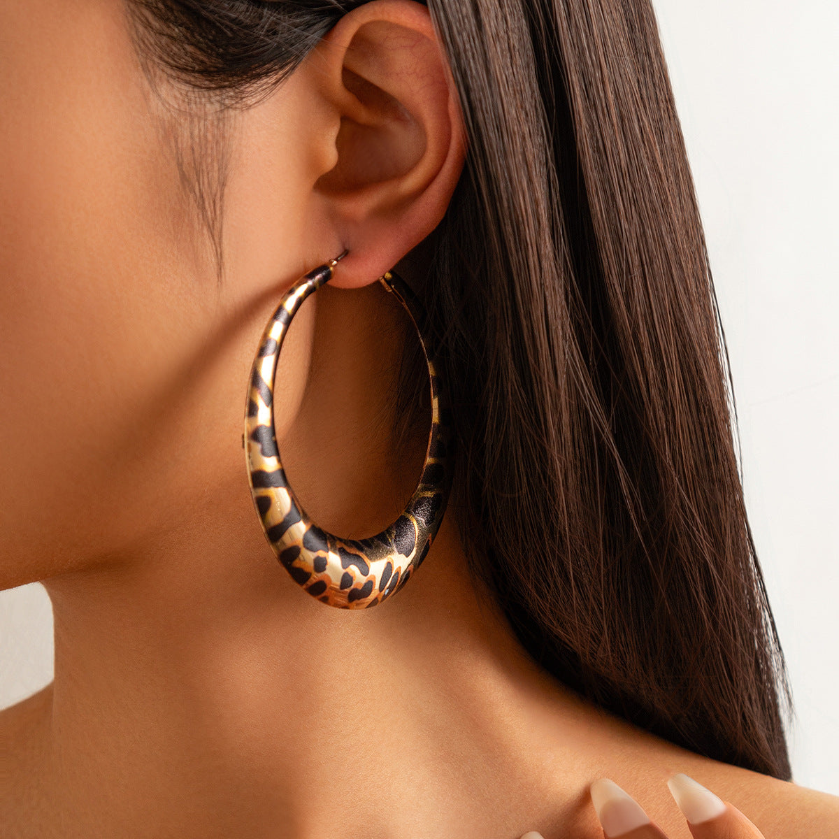 Exaggerated Leopard Print Geometric Plated Alloy Hoop Earrings for Women