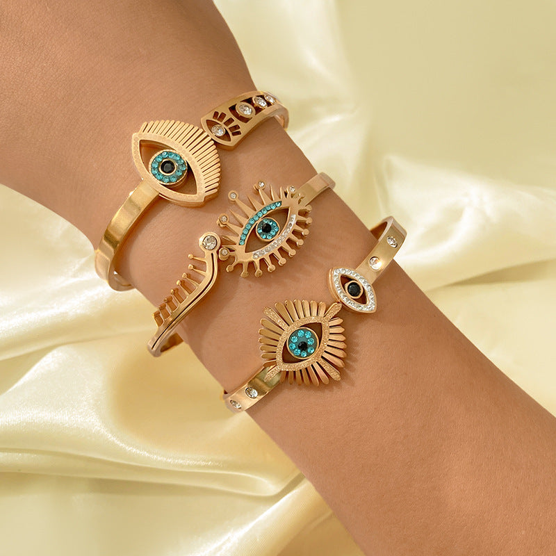 Vintage Evil Eye Open Cuff Titanium Steel Plated Bracelet