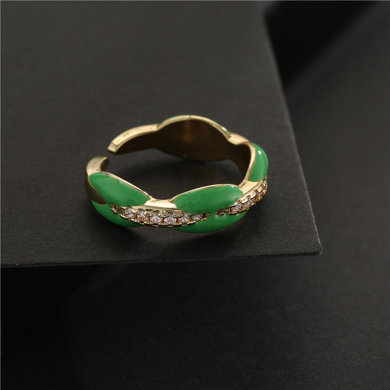 Elegant 18K Gold Plated Geometric Brass Ring with Colorful Drip Oil and Micro-inlaid Cubic Zirconia