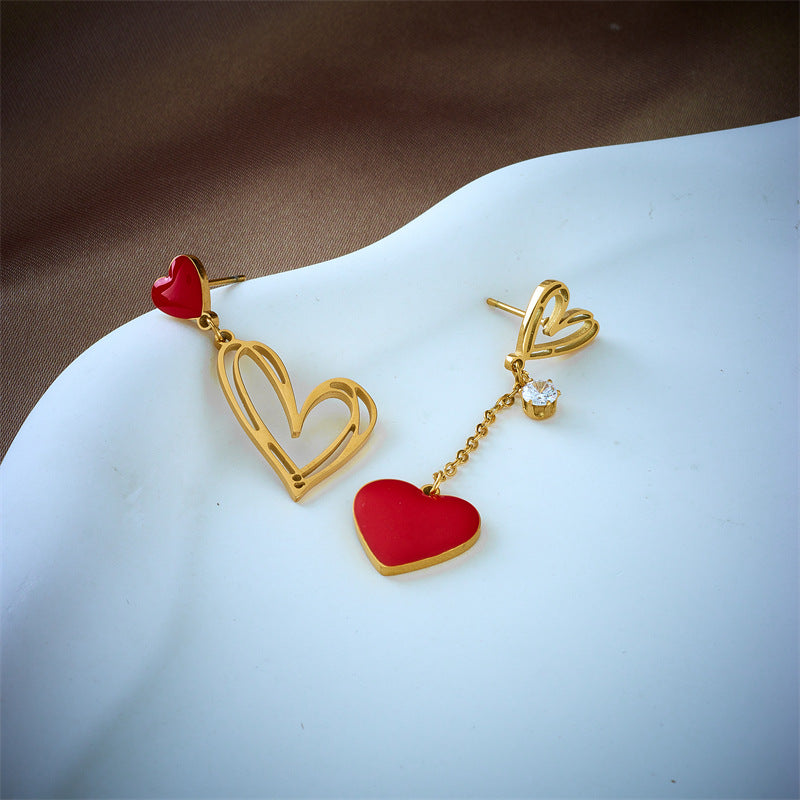 Asymmetrical Hollow Heart Titanium Steel Dangle Earrings for Women with Plated Finish