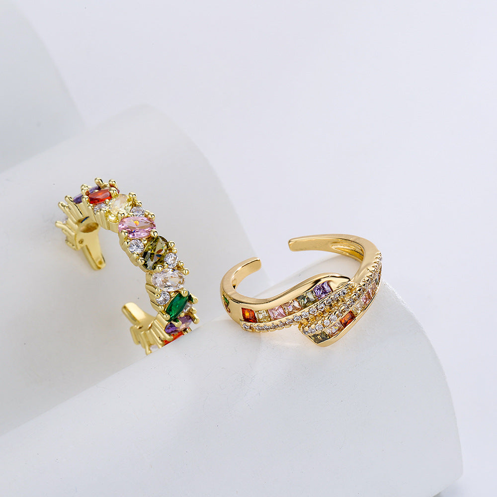 Anello Aperto Geometrico da Donna in Rame Placcato Oro 18K con Zirconi Colorati Micro-Incastonati