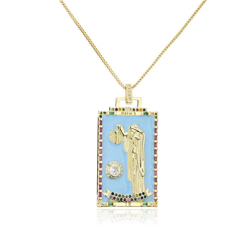 Minimalist Geometric Tarot Pendant Necklace in Copper with 18K Gold Plating and Zircon Inlay for Women