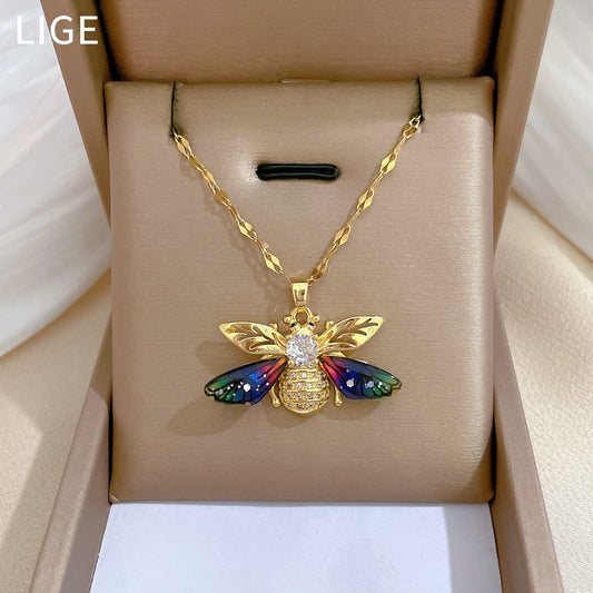 Luxury Titanium Steel Bee Pendant Necklace with Zircon Inlay Geometric Design Unisex Collarbone Chain
