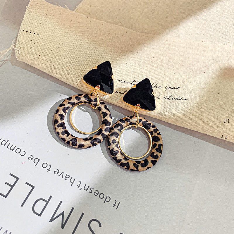 Vintage-Style Geometric Round Hoop Earrings for Women with Alloy Base Plated in Silver Tone Enamel Leopard Print and Rhinestone Inlay
