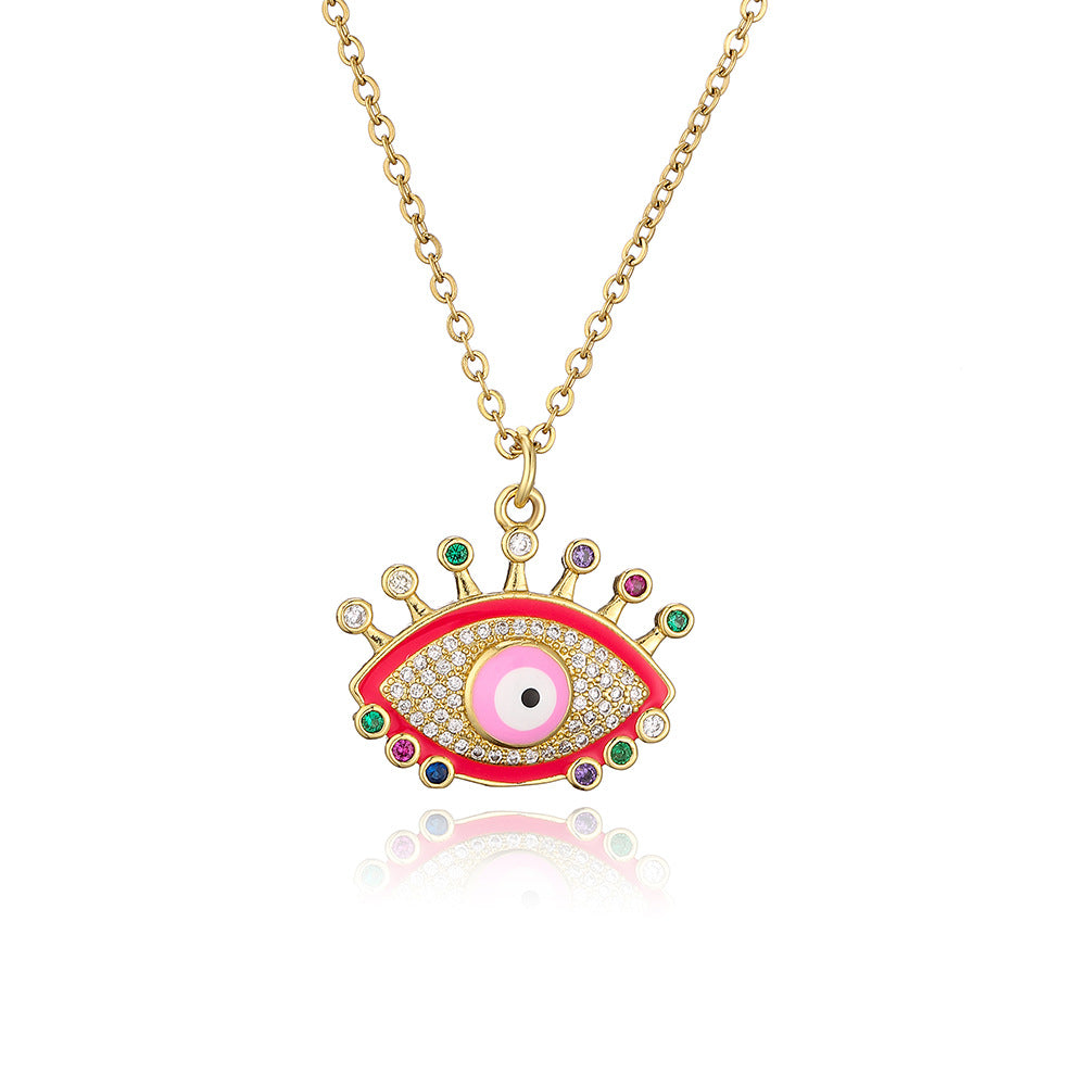Minimalist Geometric Evil Eye Pendant Necklace for Women with Copper Base and Gold Plating, Enamel Finish and Zircon Inlay