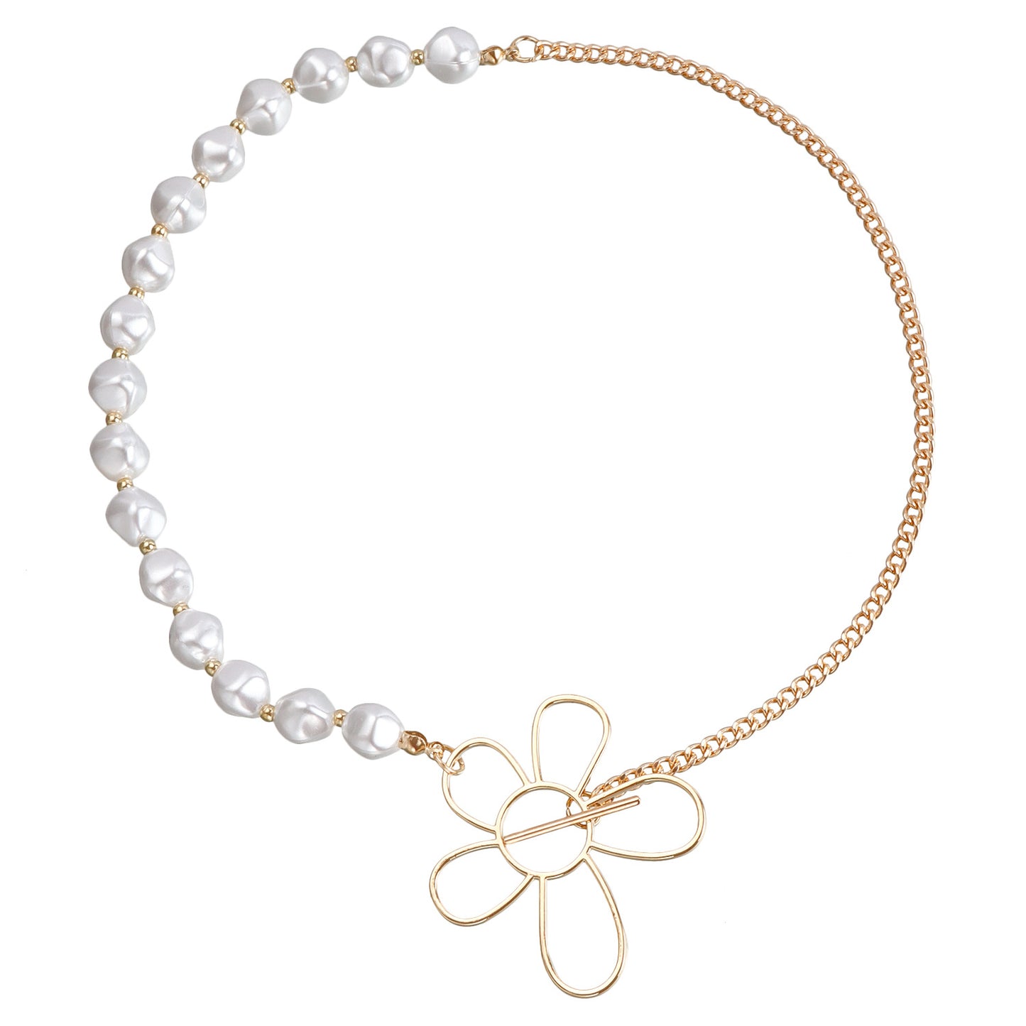 Geometric Hollow Flower Pendant Necklace for Women with Electroplated Metal Chain and Imitation Pearl Beads