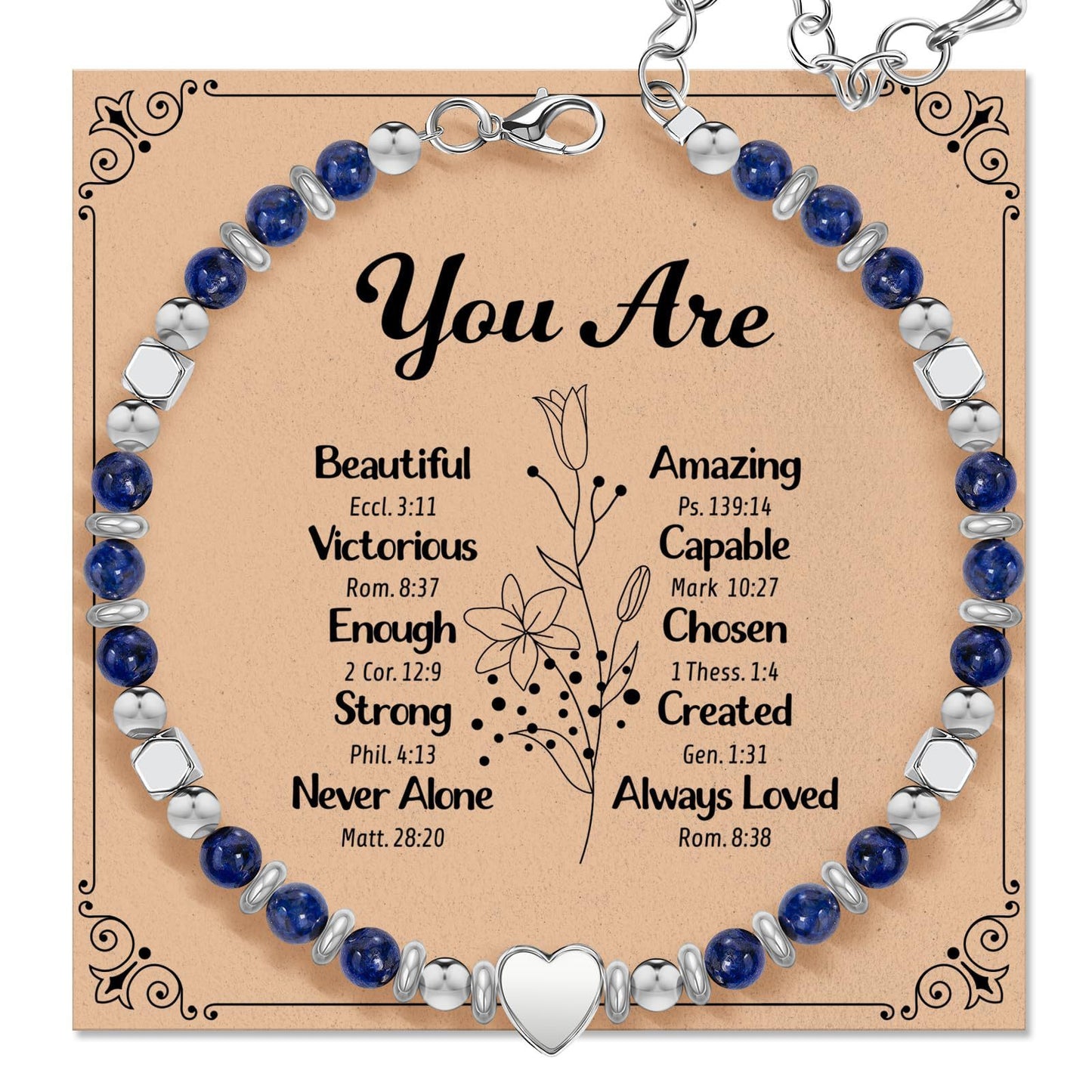 Natural Stone Lapis Lazuli Heart Charm Bar Stainless Steel Adjustable Bracelet Unisex Gift
