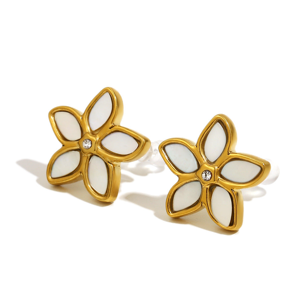 Fashionable Geometric Stainless Steel Plated 18K Gold Zircon Flower Pearl Clip-On Earrings for Women