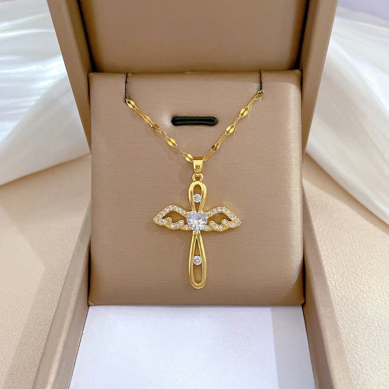 Collana a croce geometrica di lusso in acciaio al titanio per donna con catena alla clavicola e intarsio di strass