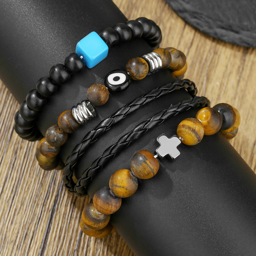 Vintage Geometric Tiger's Eye and Hematite Leather Bracelet Set with Cross Charm for Men and Women