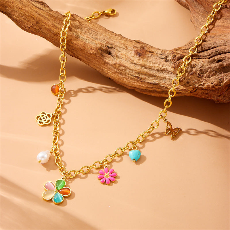 Fashion Colorful Resin Floral Butterfly Heart Hollow Pearl Stainless Steel Necklace Cable Chain