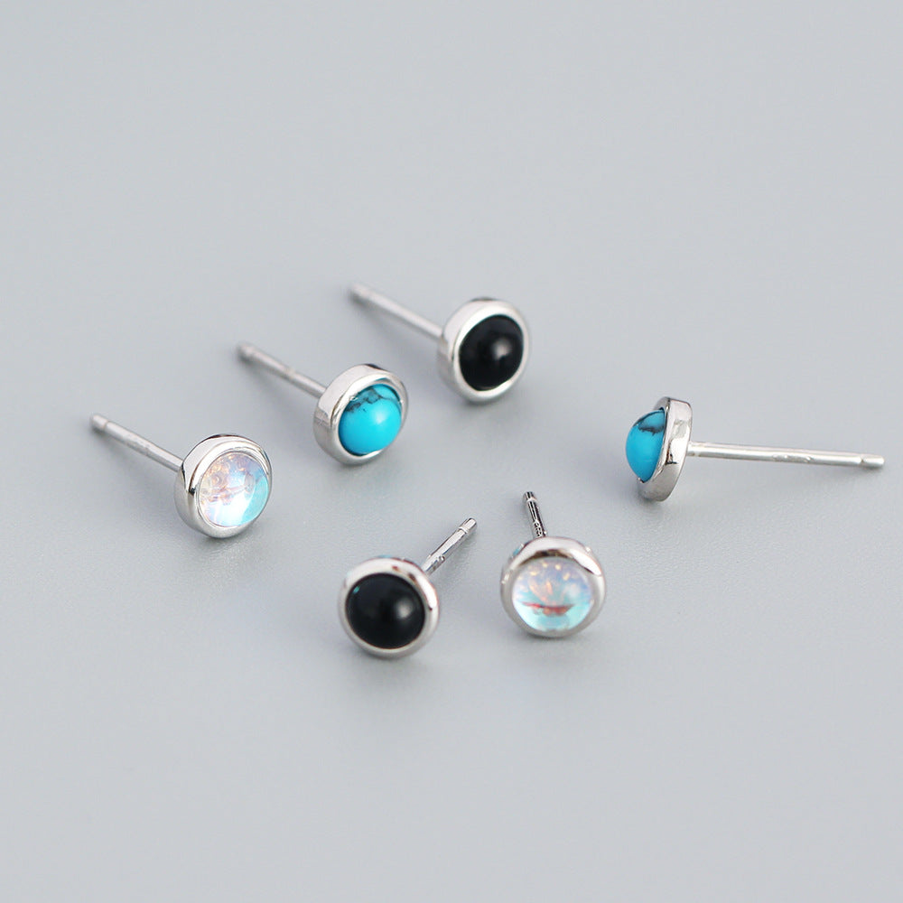 Minimalist Geometric S925 Sterling Silver Stud Earrings with Agate and Turquoise Accents