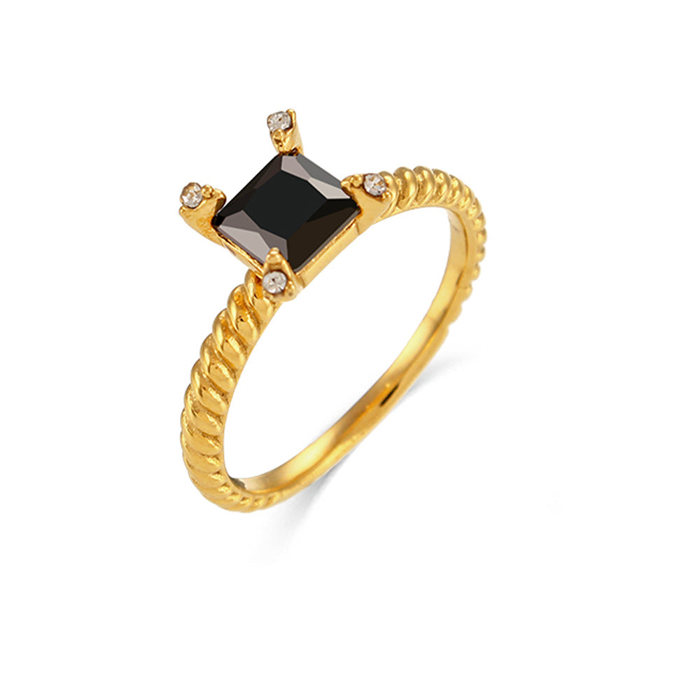 Minimalist Geometric Stainless Steel Plated 18K Gold Square Zircon Ring for Women