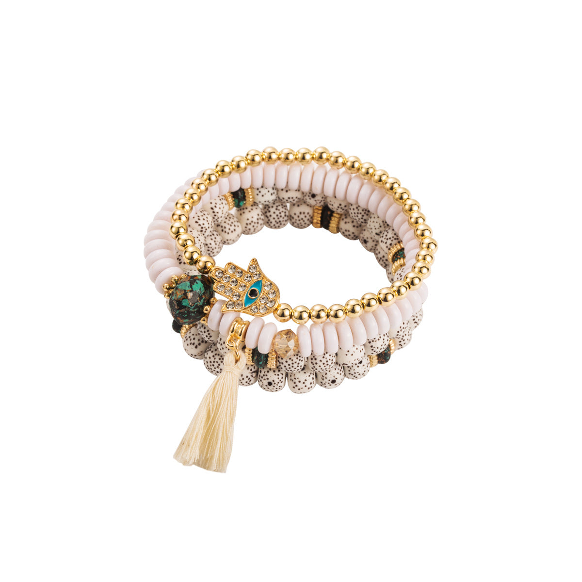 Pulsera de Cuentas de Estilo Étnico Bohemio Multicapa con Borla y Detalles de Diamantes de Imitación