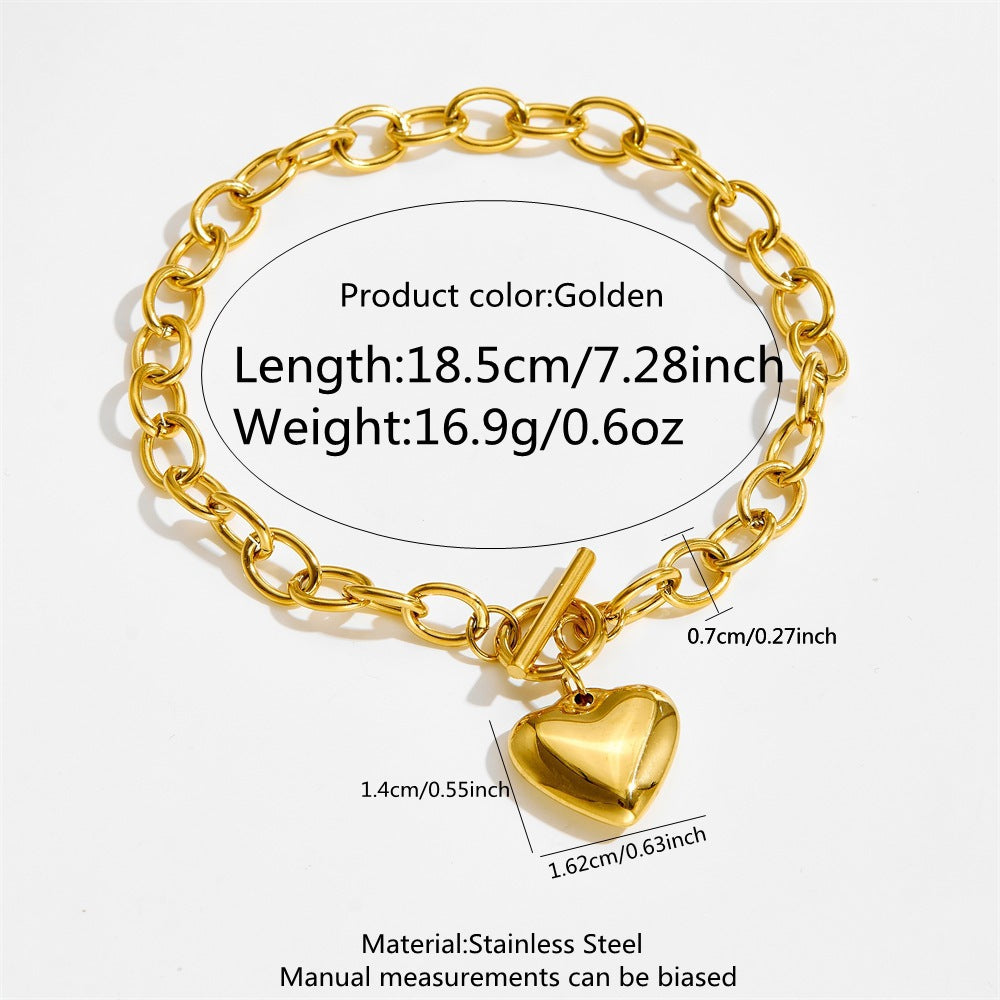 Elegante pulsera de acero inoxidable con forma de corazón para mujer con acabado chapado en oro de 18 quilates y cierre de palanca