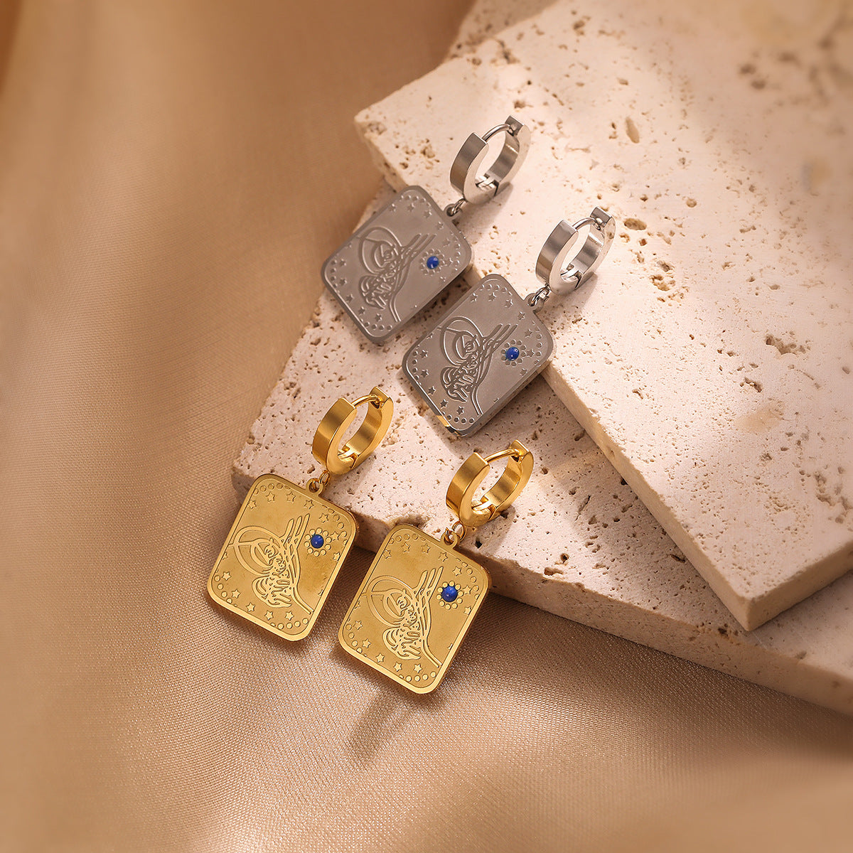 Orecchini da donna Minimalisti Geometrici Quadrati Tarocchi in Acciaio al Titanio con Placcatura in Oro Vero