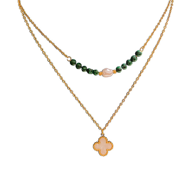 Gold Plated Titanium Steel Four-Leaf Clover Double Layer Necklace for Unisex
