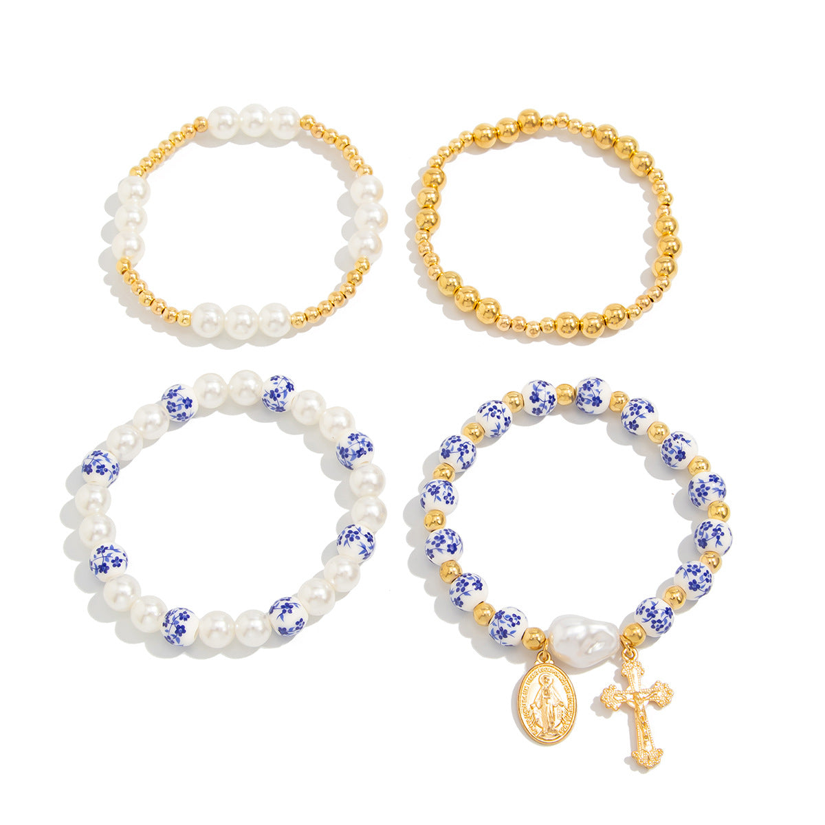 Pulsera vintage de porcelana azul y blanca con cuentas para mujer, con colgante de cruz y detalles de perlas