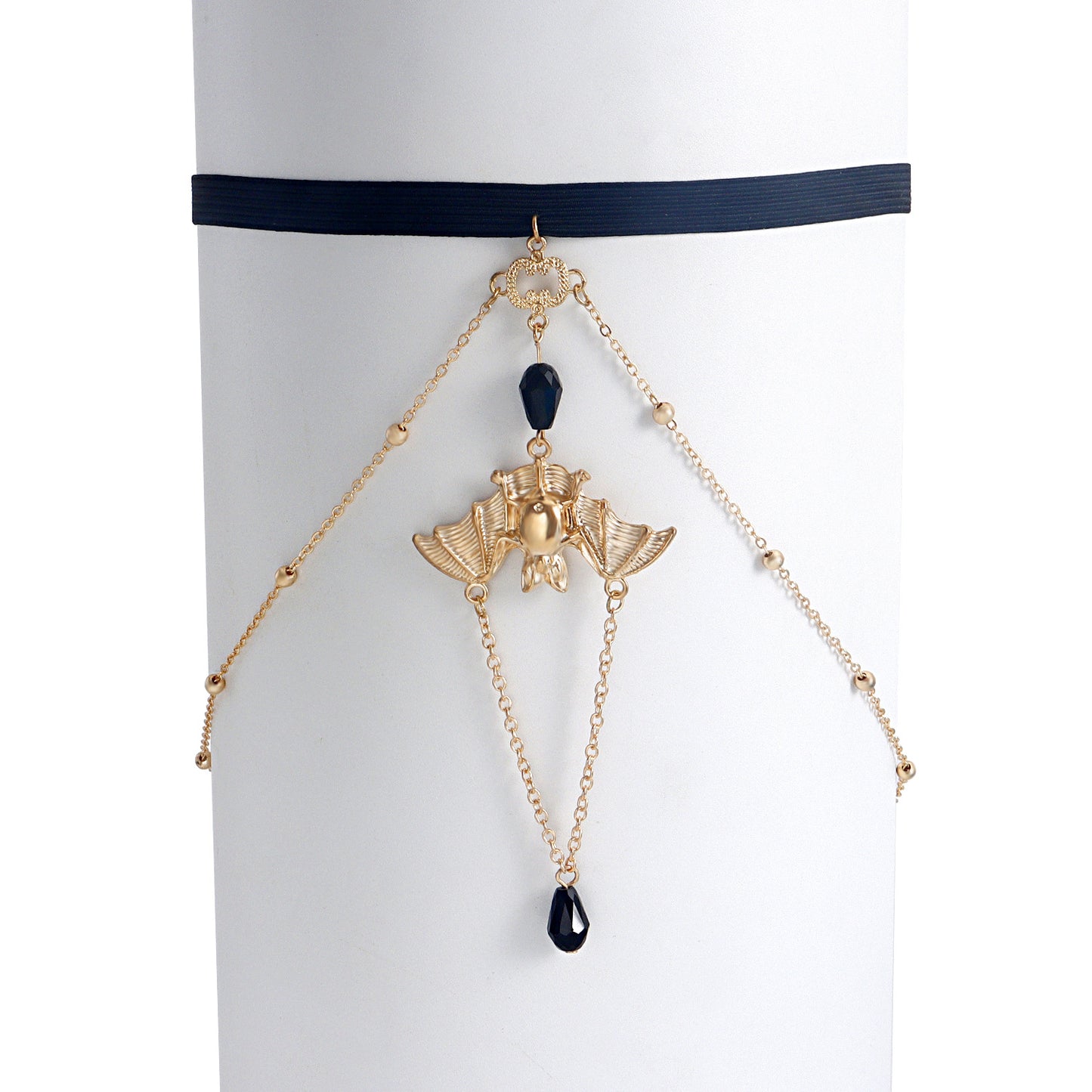 Punk Style Bat-Shaped Metal Anklet with Adjustable Elastic Band and Black Crystal Accents for Women