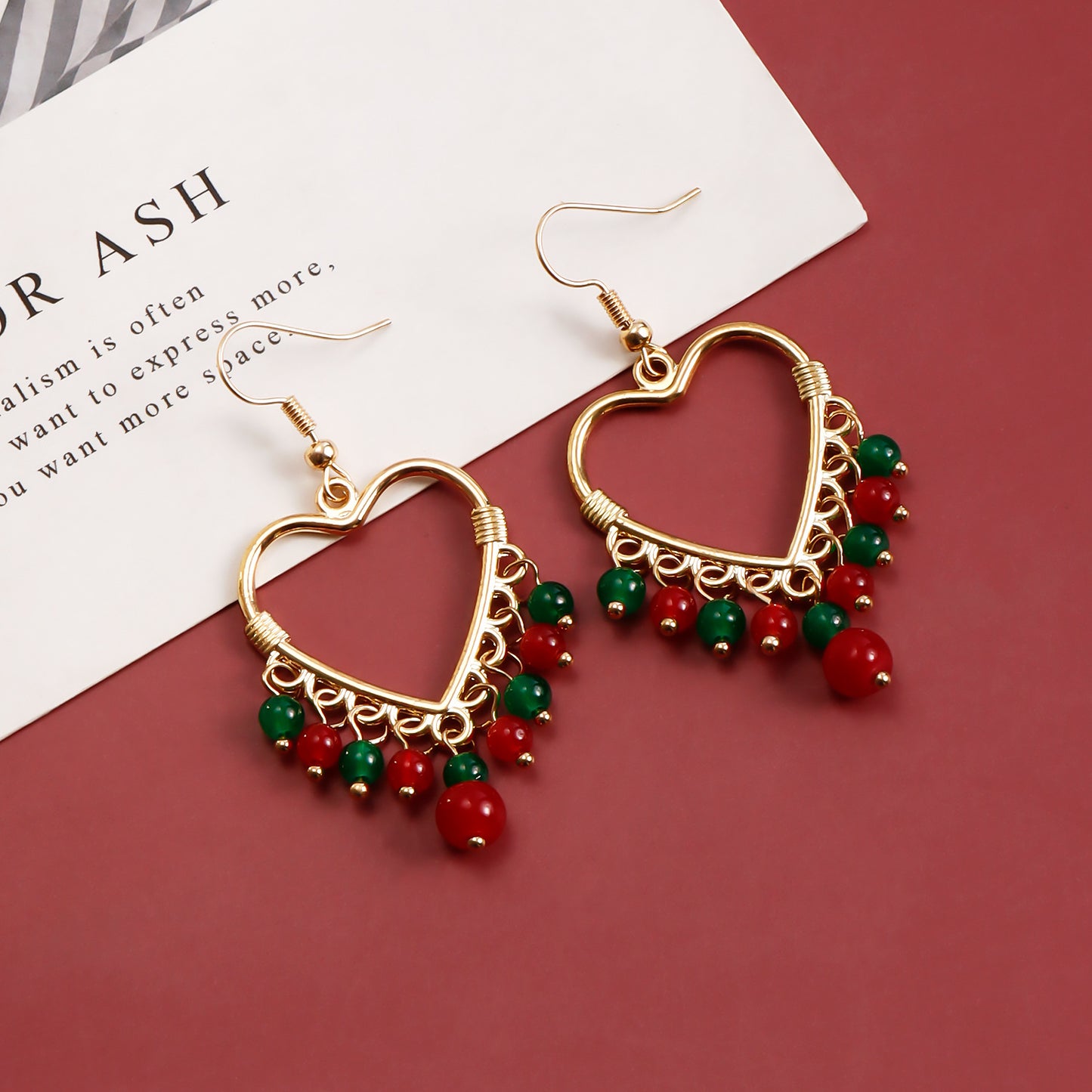 Geometric Hollow Large Heart Tassel Earrings for Women with Colorful Crystal Accents and Electroplated Metal Finish