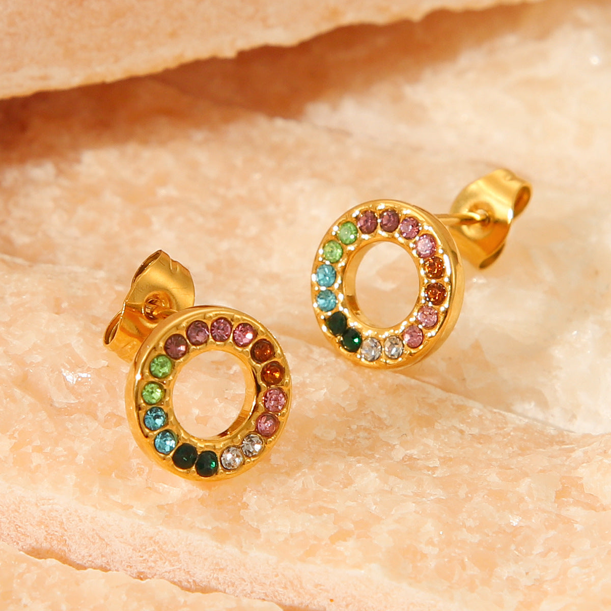 Luxury 18K Gold Plated Geometric Round Stainless Steel Stud Earrings for Women