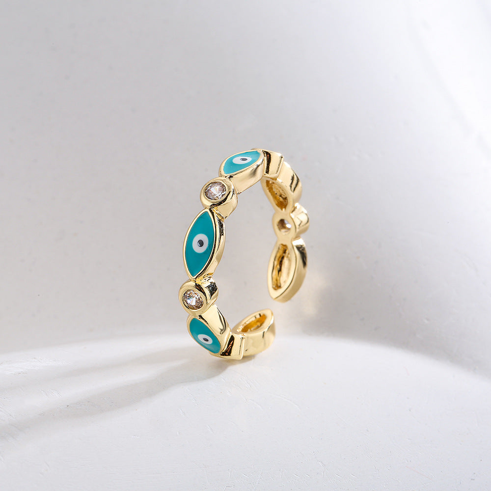 Minimalist Geometric Copper Ring with 18K Gold Plating and Enamel Eye Detail for Women