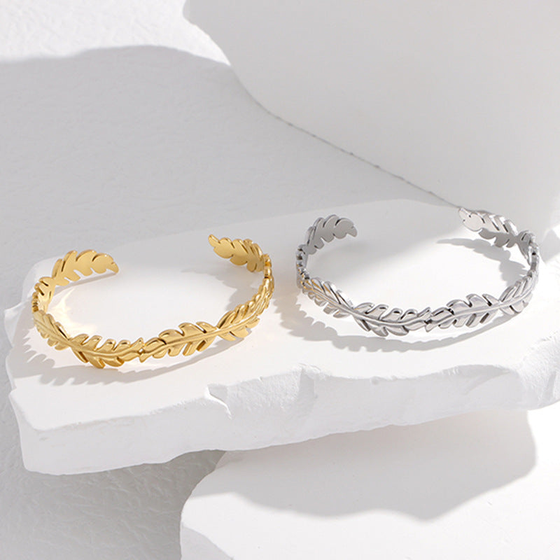 Gold Plated Stainless Steel Leaf Open Cuff Bracelet for Women