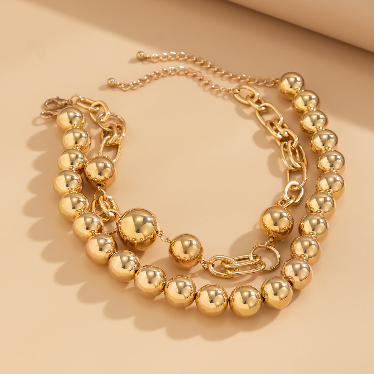 Punk Geometric Round Alloy Plated Ball Chain Layered Necklace for Women