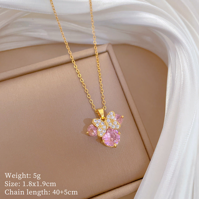 Minimalist Cat Bow Knot Pendant Necklace Set in Titanium Steel with Rhinestone Inlay for Women