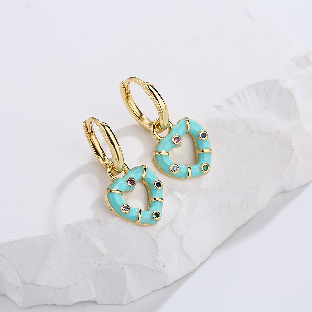 Bohemian Style Geometric Copper Earrings with Gold Plating and Enamel Heart Accent for Women