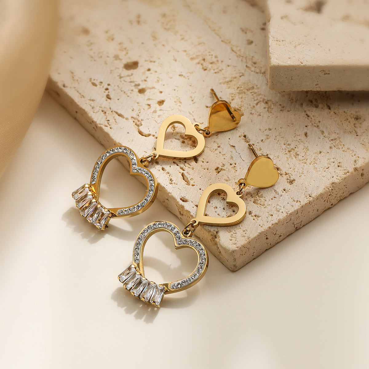 Minimalist Geometric Heart-Shaped Zirconia-Set Titanium Steel Earrings for Women