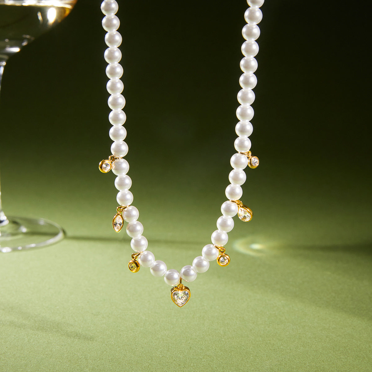 Minimalist Geometric Heart Stainless Steel Necklace with Simulated Pearl and Cubic Zirconia PVD Plated for Women
