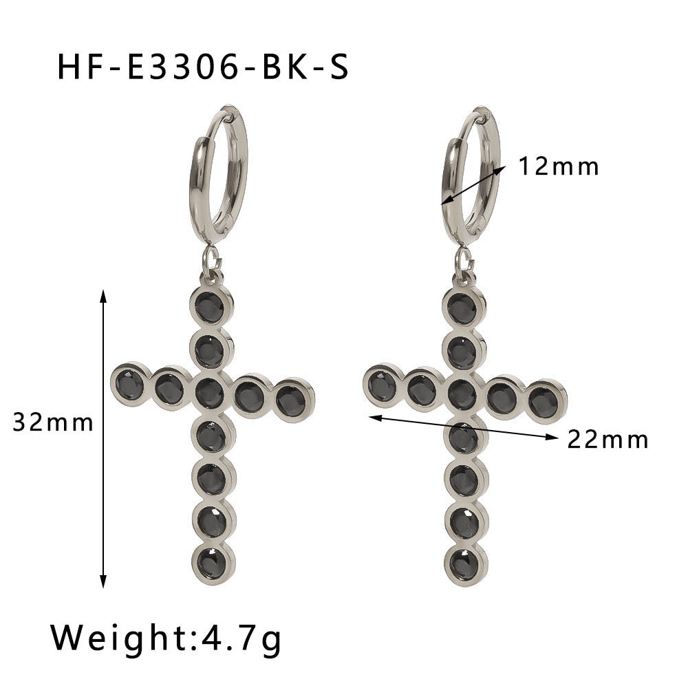 Ins Style Geometric Stainless Steel Cross Stud Earrings with Green Black Colorful or White Zircon Inlay Plated for Women