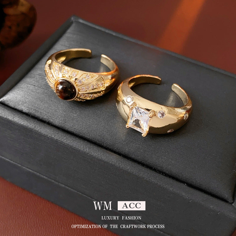 Vintage Geometric Open-Finger Ring for Women with Cubic Zirconia Inlay and Copper Band, Luxury-Style Hand Jewelry