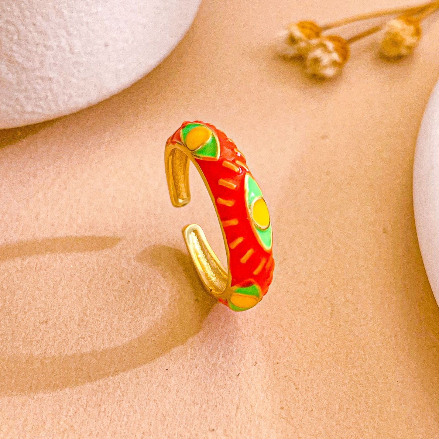 Minimalist Gold Plated Brass Open Ring with Heart and Checkered Pattern for Women