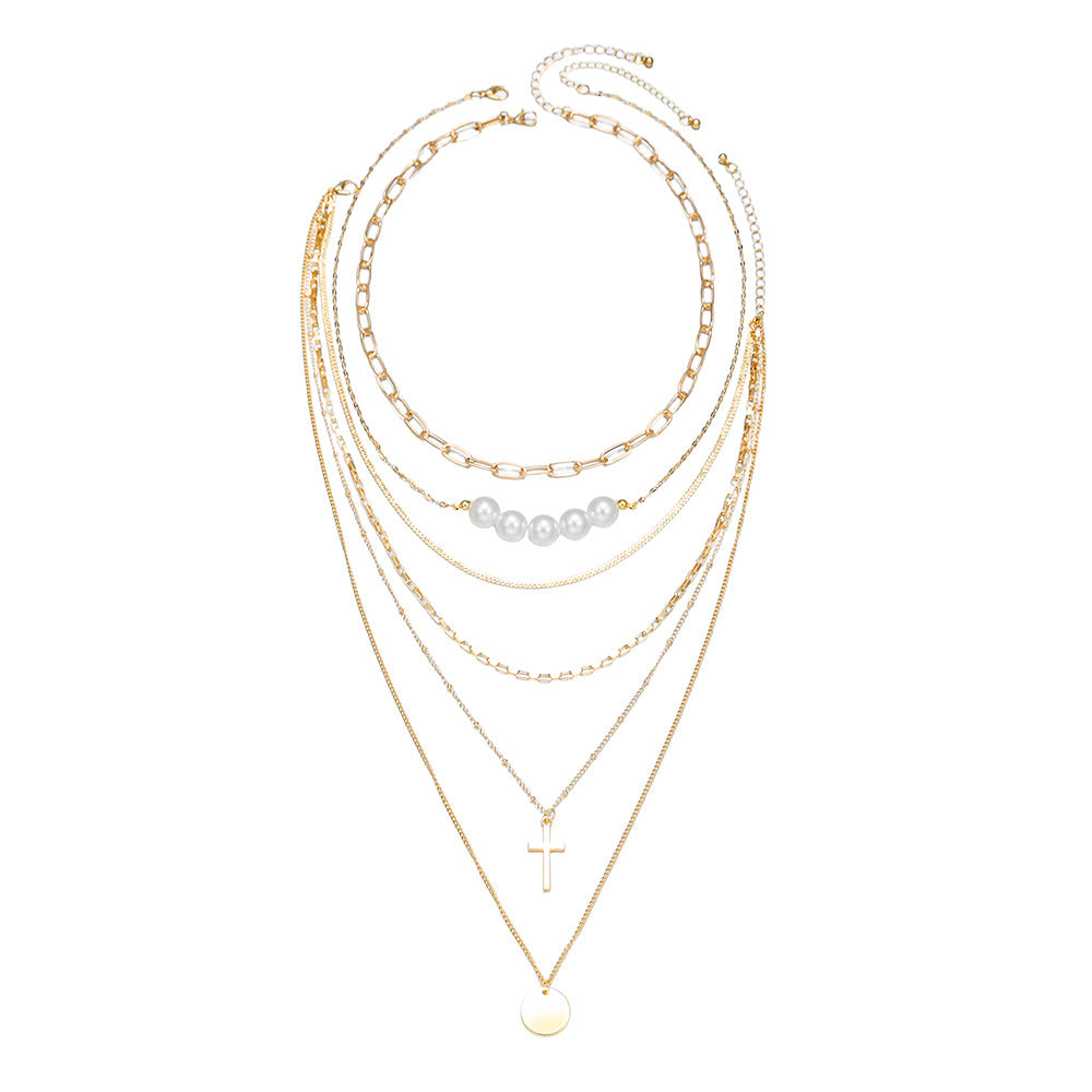 Fashion Geometric Round Cross Alloy Plated Pendant Necklace Set with Irregular Chain and Pearls for Unisex