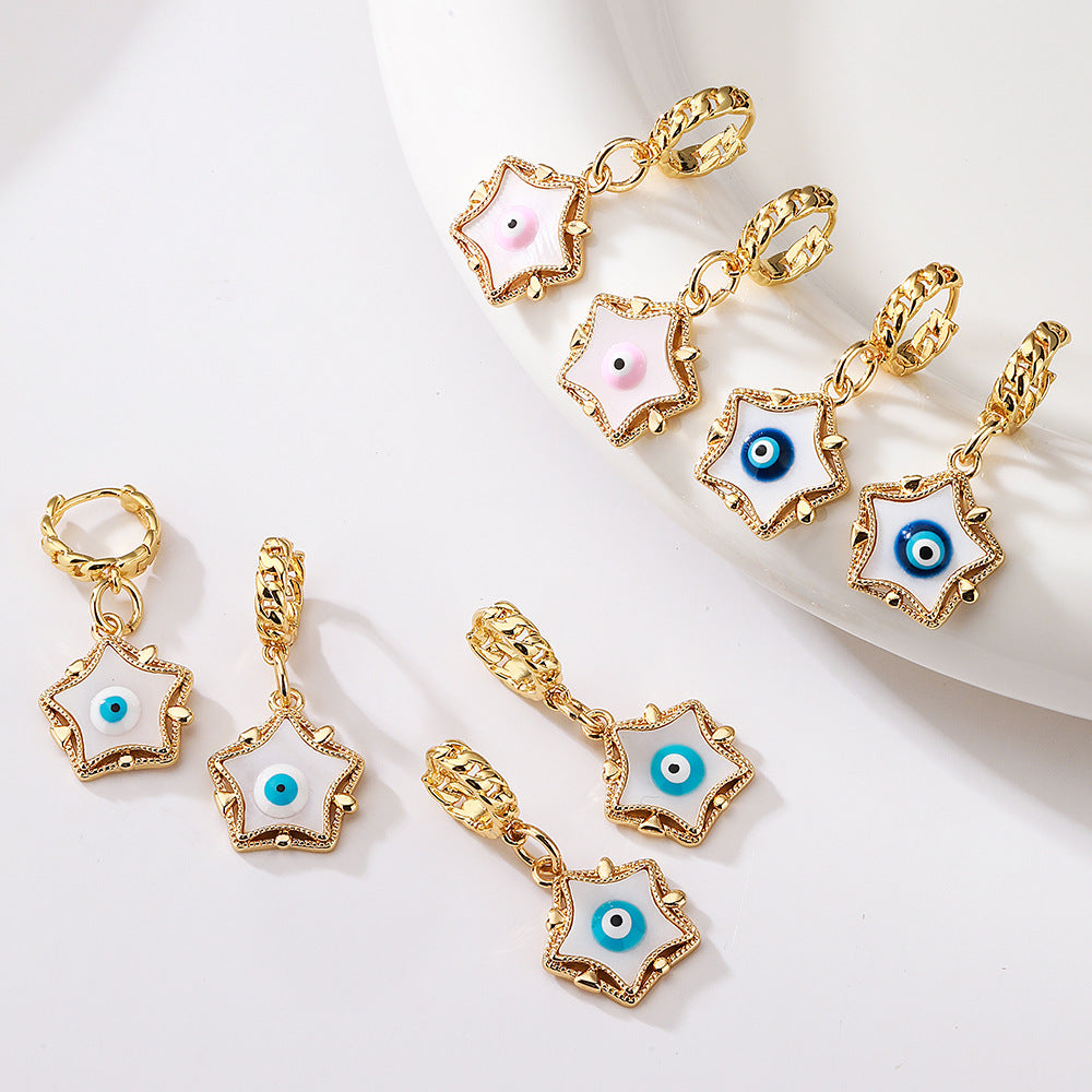 Minimalist Geometric Star Pendant Earrings with Enamel Eye Detail in Copper Plated 18K Gold for Women