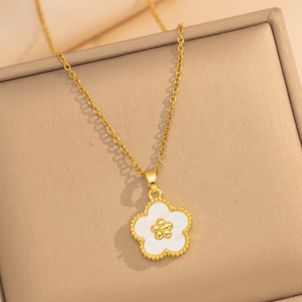Minimalist Delicate Plum Blossom Seashell Flower Necklace for Women with Gold-Plated Copper Pendant on Cross Chain