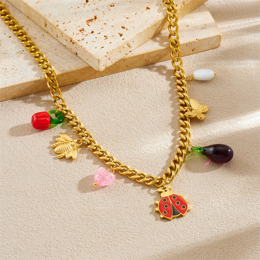 Fashion Cartoon Drip Oil Stainless Steel Butterfly Ladybug Bee Pendant Jewelry Set with Serpentine Chain for Women