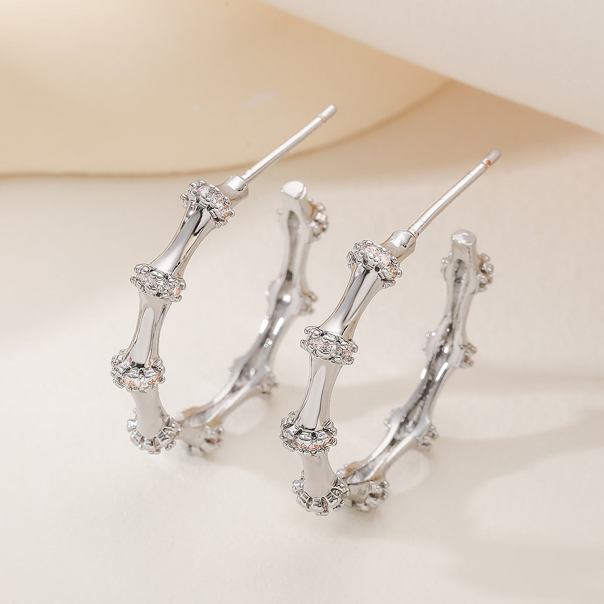 Luxury Elegant Geometric Gold Plated Brass C-Shape Bamboo Hoop Earrings with Cubic Zirconia for Women