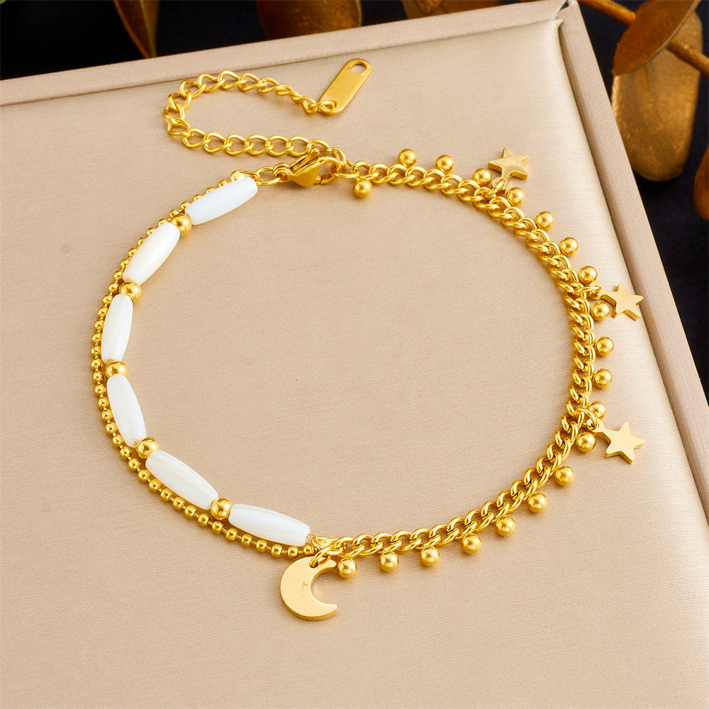 Rustic Style Star and Moon Shaped Gold-Plated Stainless Steel Anklet with Beaded Double Chain for Women