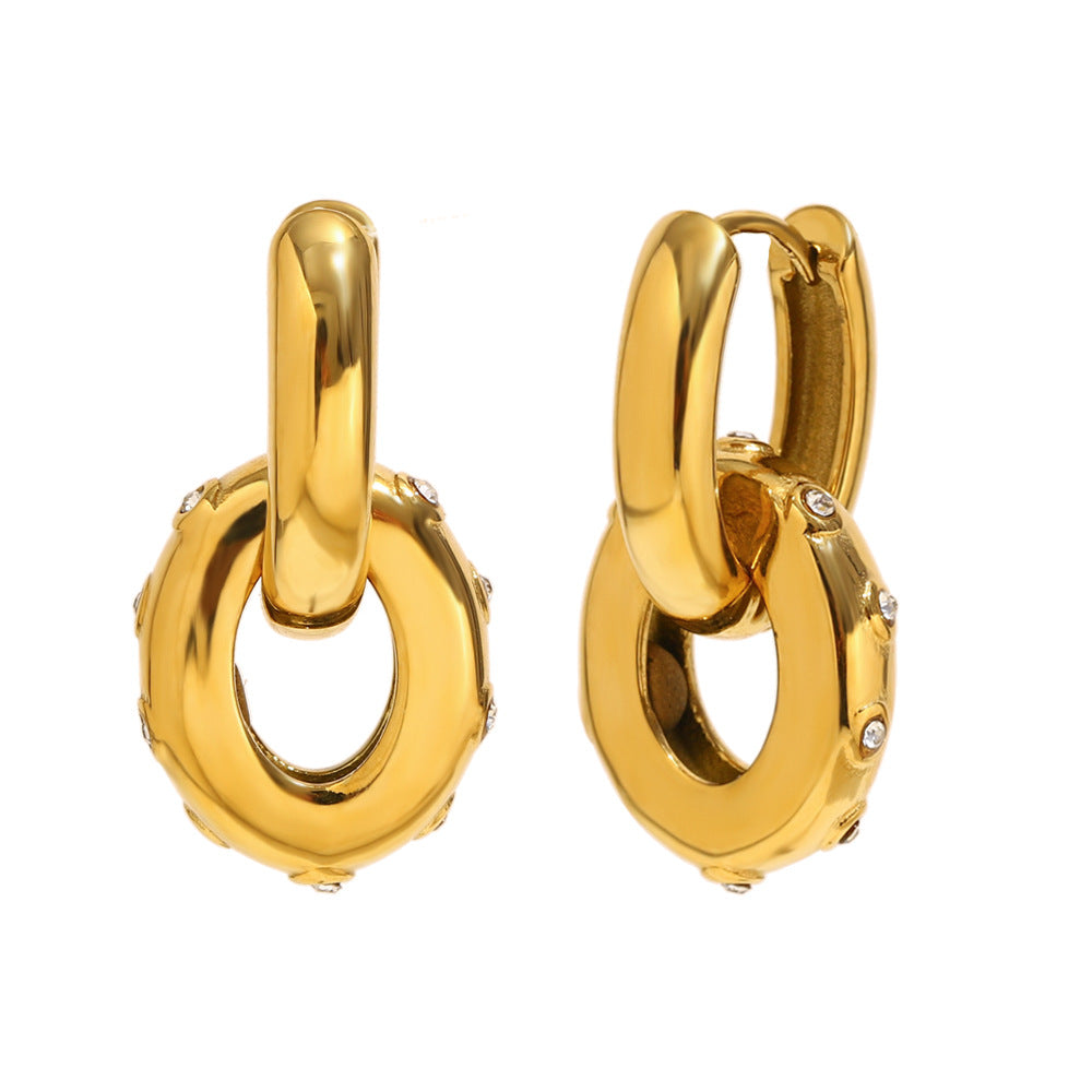 Minimalist Geometric Stainless Steel Earrings with 18K Gold Plating and Oval Zircon Pendant for Women