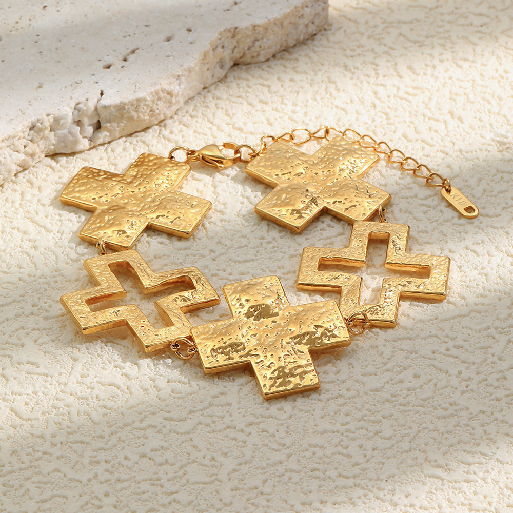 Elegant 18K Gold Plated Hammered Geometric Cross Bracelet for Women